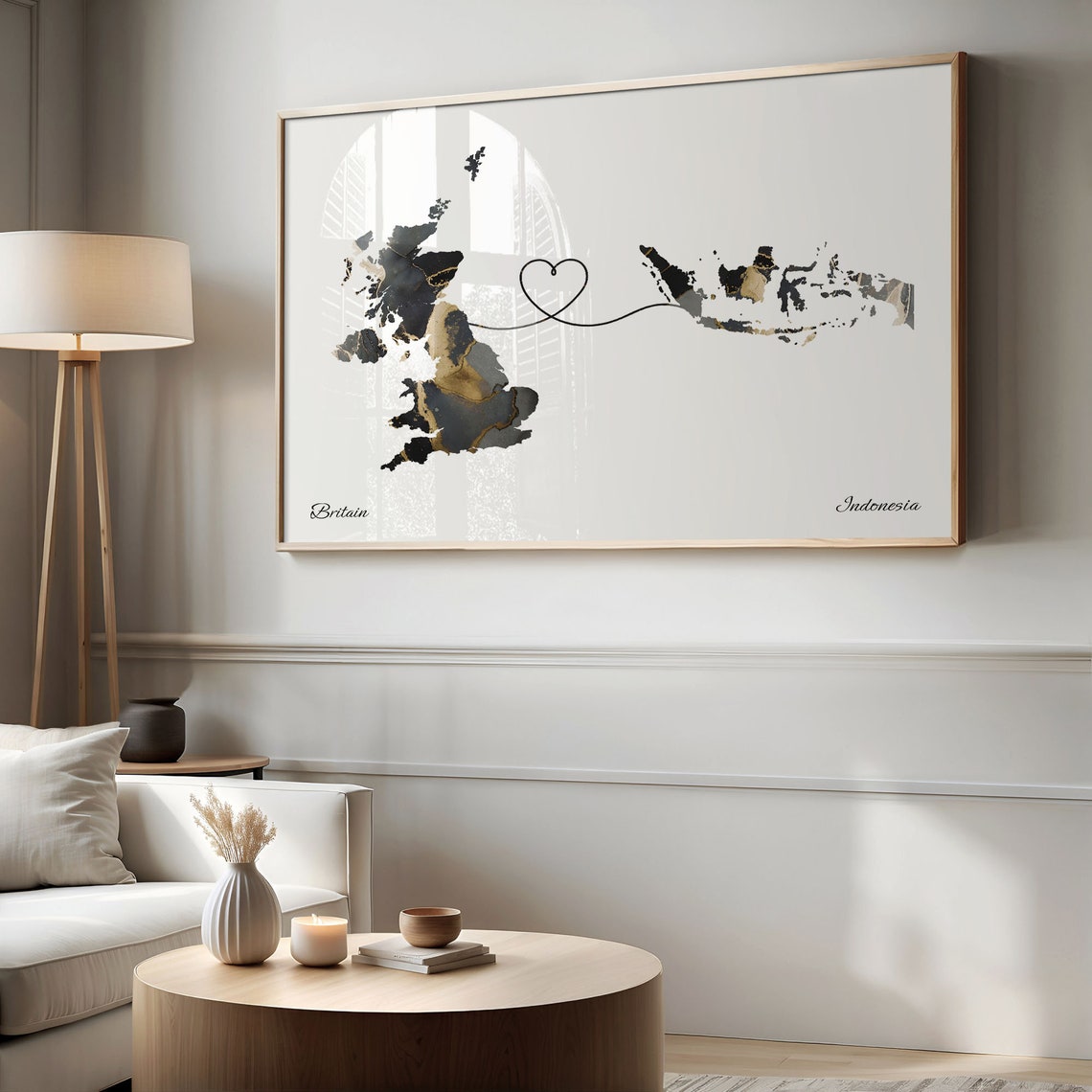 Britain to Indonesia Heart Connected Long Distance Marble Map Poster - Image 2