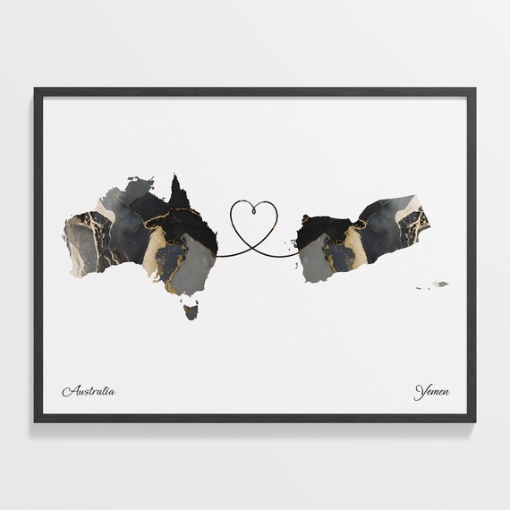 Australia and Yemen Black Gold Marble Map Heart Connection Poster