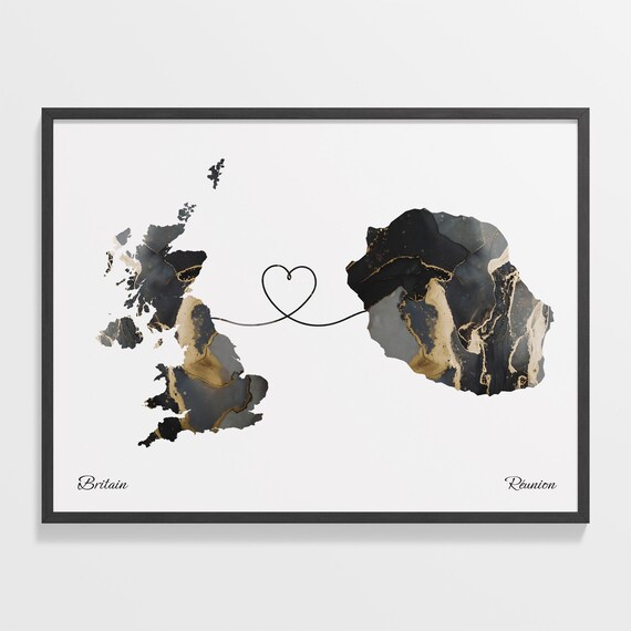 Britain and Réunion Marble Heart Connected Countries Map Poster