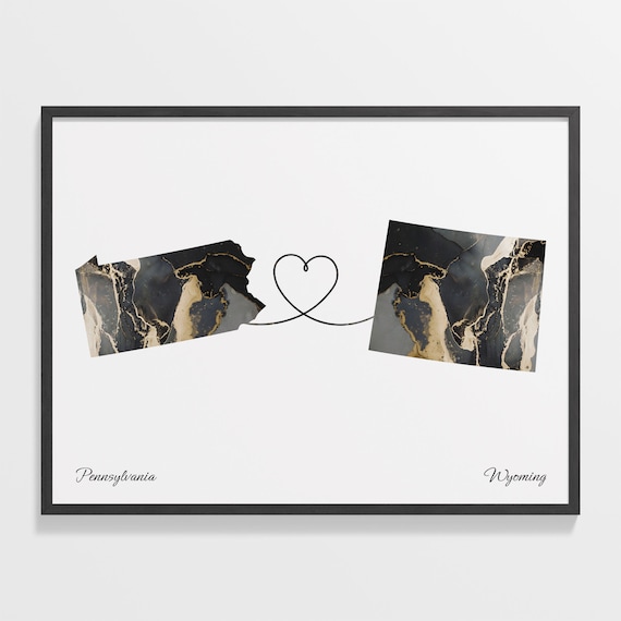 Pennsylvania to Wyoming Long Distance Love Marble Map Art Poster
