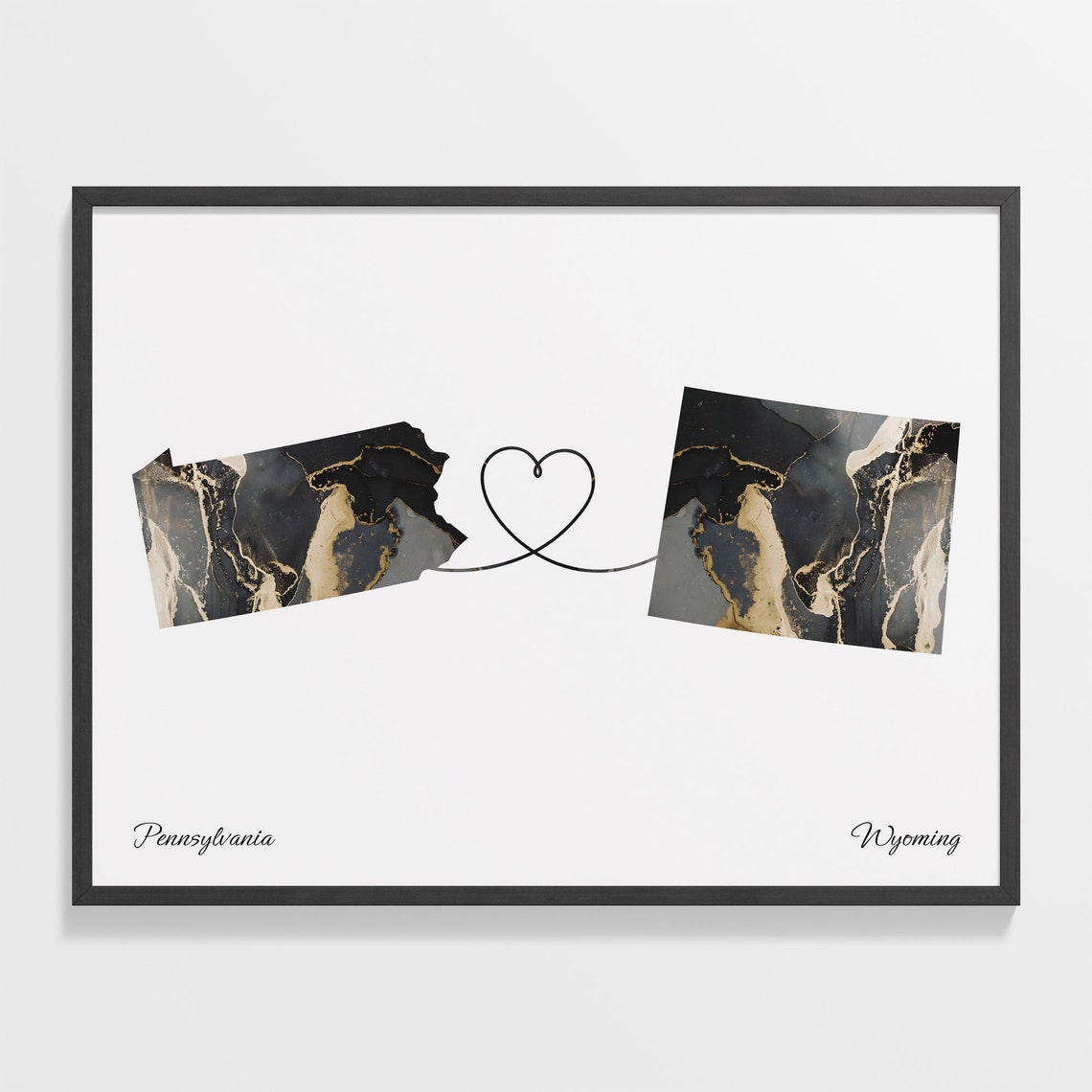 Pennsylvania to Wyoming Long Distance Love Marble Map Art Poster