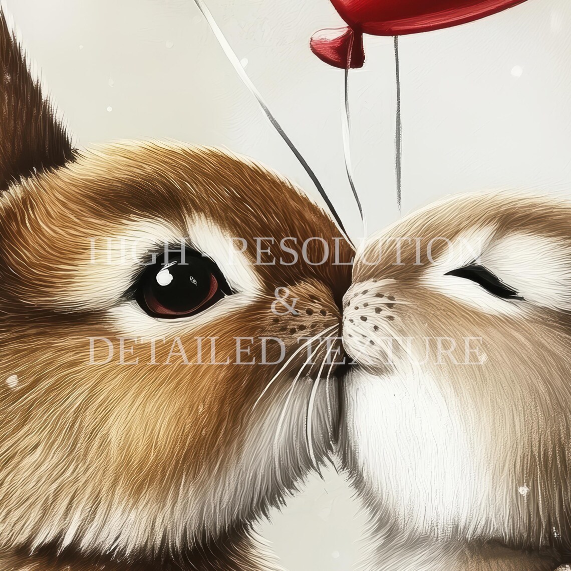 Kissing Bunny Couple With Red Heart Balloons Winter Art Poster - Image 2