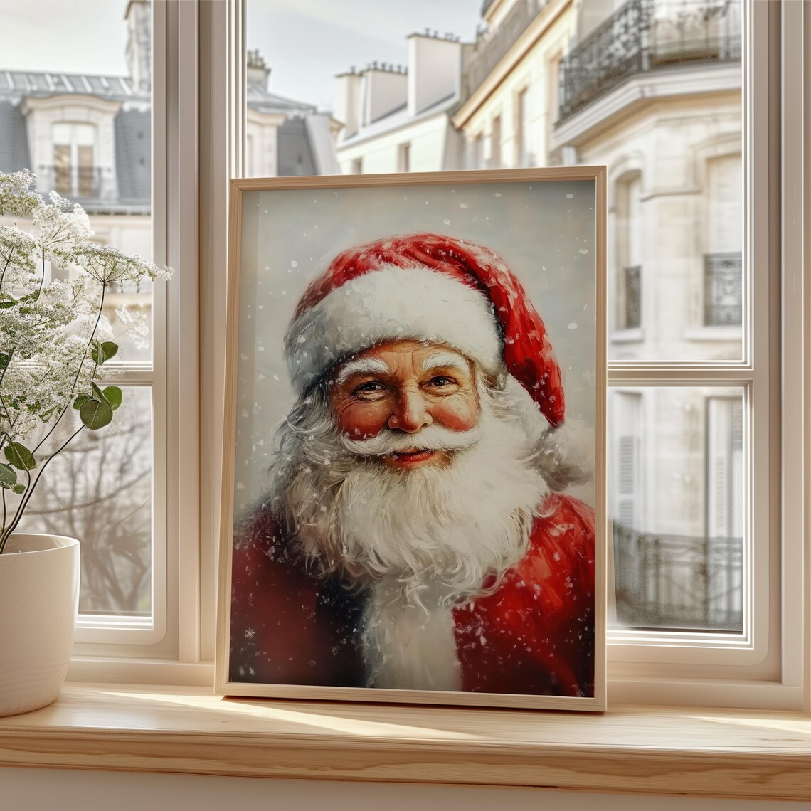 Smiling Santa Claus Portrait in Falling Snow Christmas Art Poster - Image 3