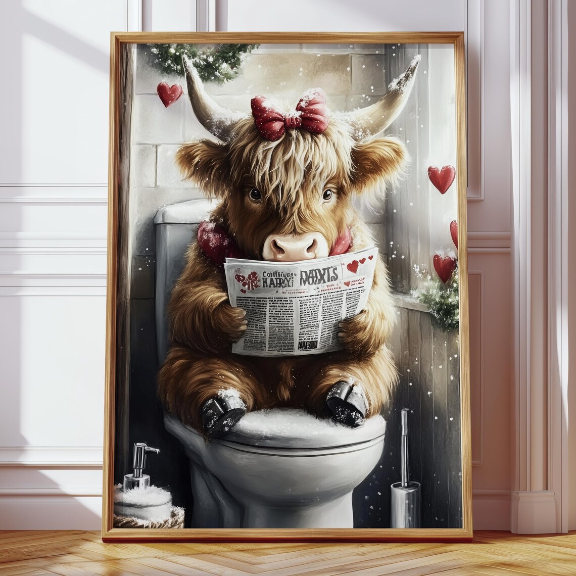 Highland Cow Reading Newspaper on Toilet Funny Bathroom Poster - Image 4