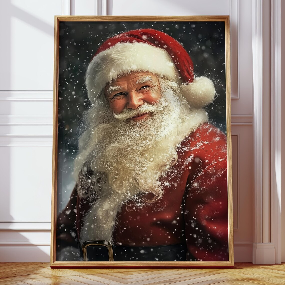Santa Claus Portrait Smiling in Falling Snow Christmas Art Poster - Image 4