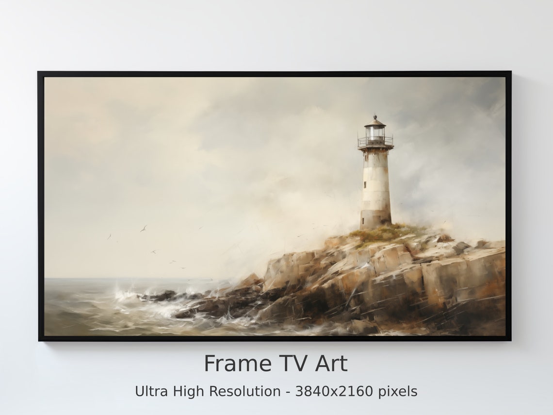 Lighthouse on Rocky Cliff Seascape Frame TV Art Painting Poster