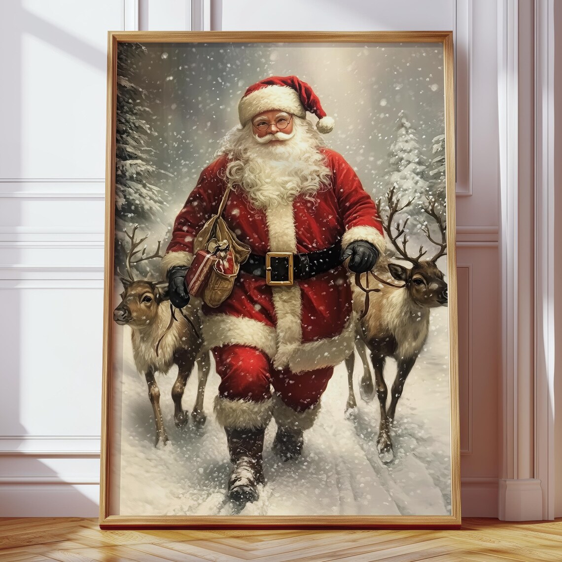 Santa Claus Carrying Gifts with Reindeer Through Falling Snow Poster - Image 4