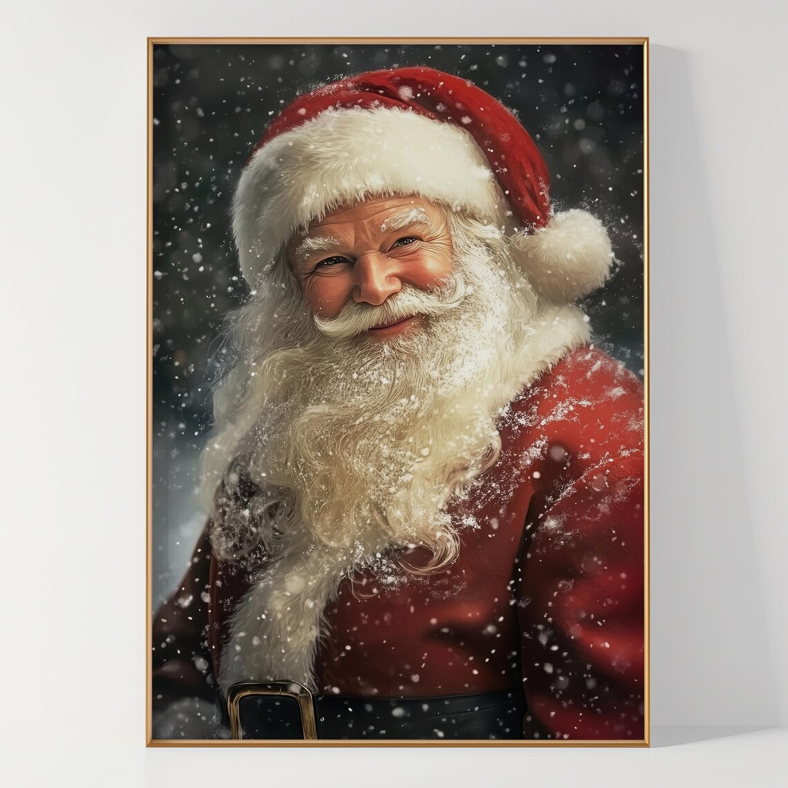 Santa Claus Portrait Smiling in Falling Snow Christmas Art Poster