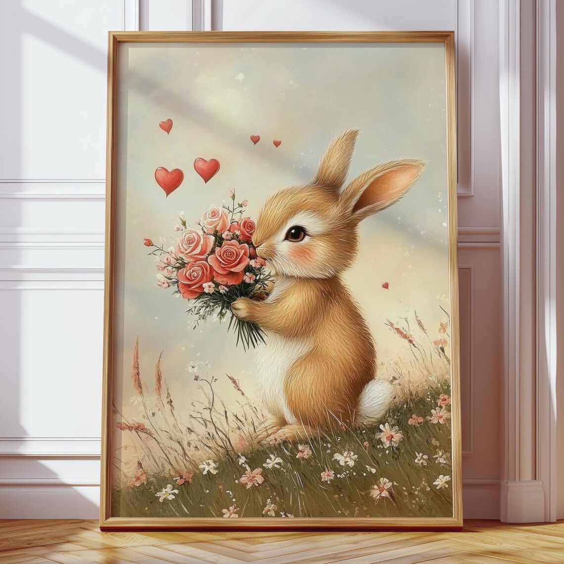 Bunny Holding Pink Rose Bouquet in Wildflower Meadow Art Poster - Image 4