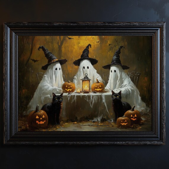 Three Ghosts In Witch Hats Black Cats Jack O Lanterns Halloween Poster