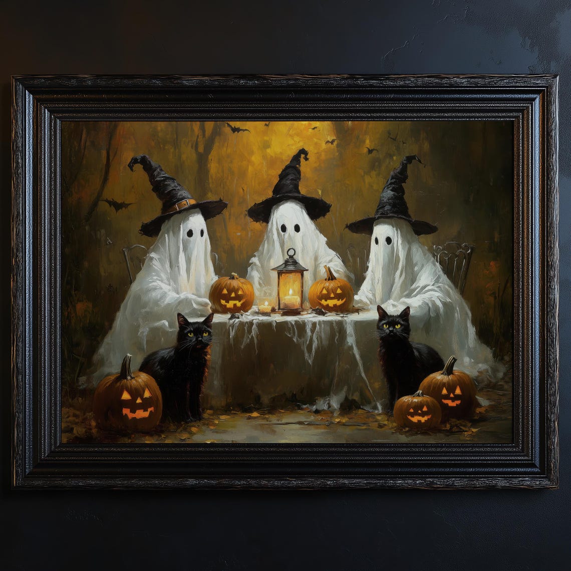 Cute Ghosts And Black Cats Print Vintage Halloween Wall Art Spooky Halloween Wall Decor Moody Decor