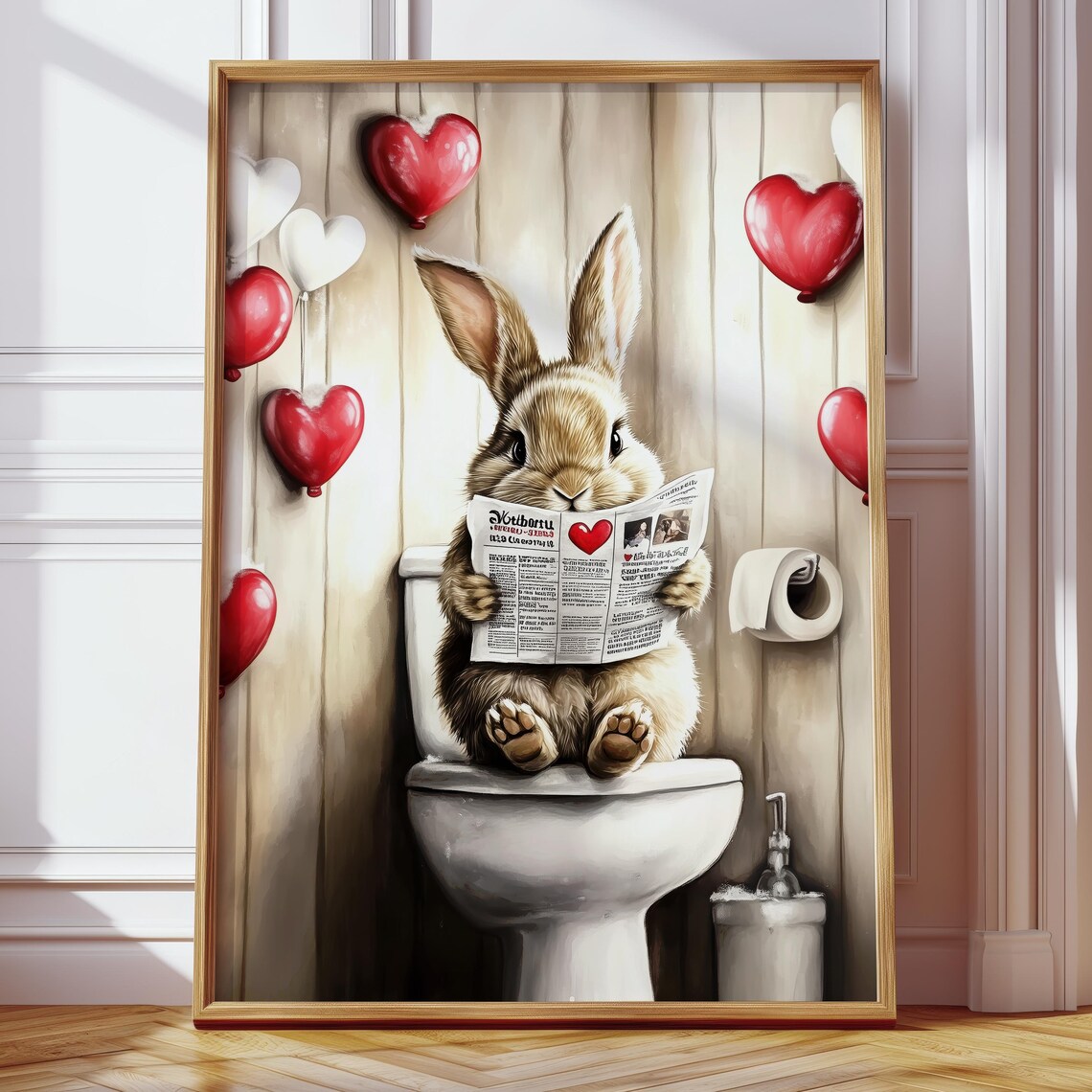 Funny Bunny on Toilet Reading Newspaper Valentine Humor Poster - Image 4
