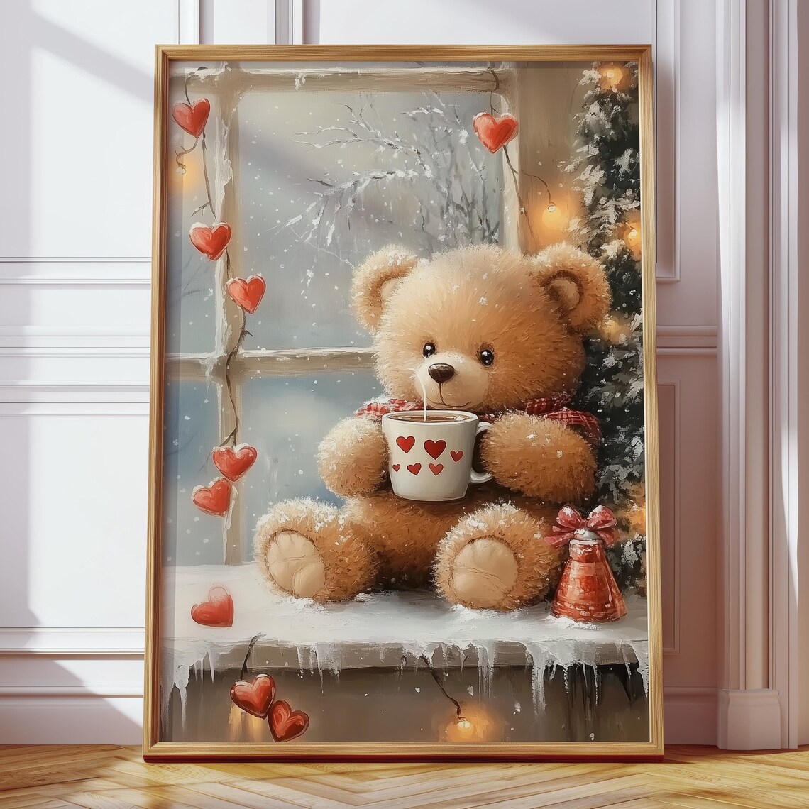 Teddy Bear with Heart Mug on Snowy Windowsill Cozy Winter Poster - Image 4