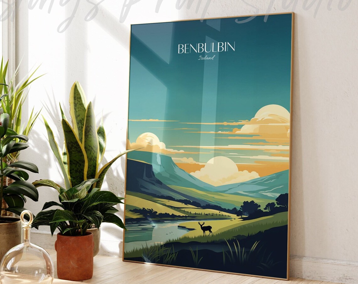 Benbulbin Ireland Vintage Style Mountain Sunset Travel Poster