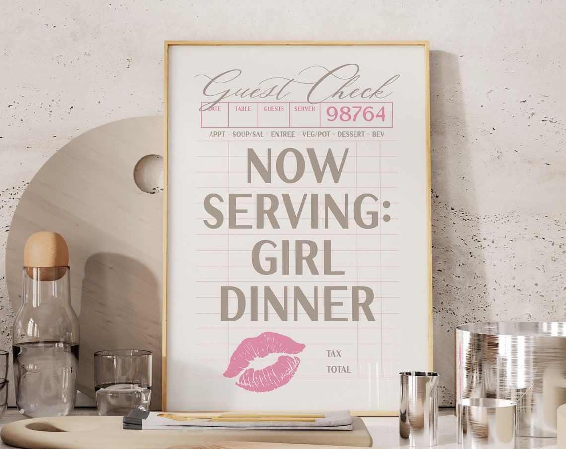 Now Serving Girl Dinner Guest Check Pink Lips Kitchen Wall Poster