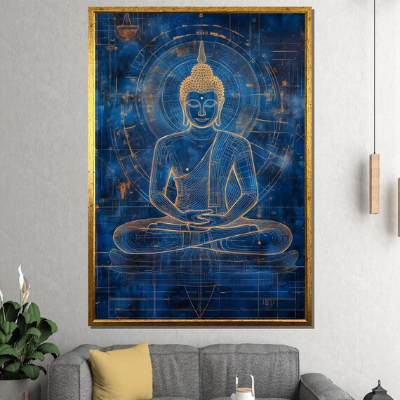 Blue and Gold Geometric Buddha Line Art Technical Drawing Poster