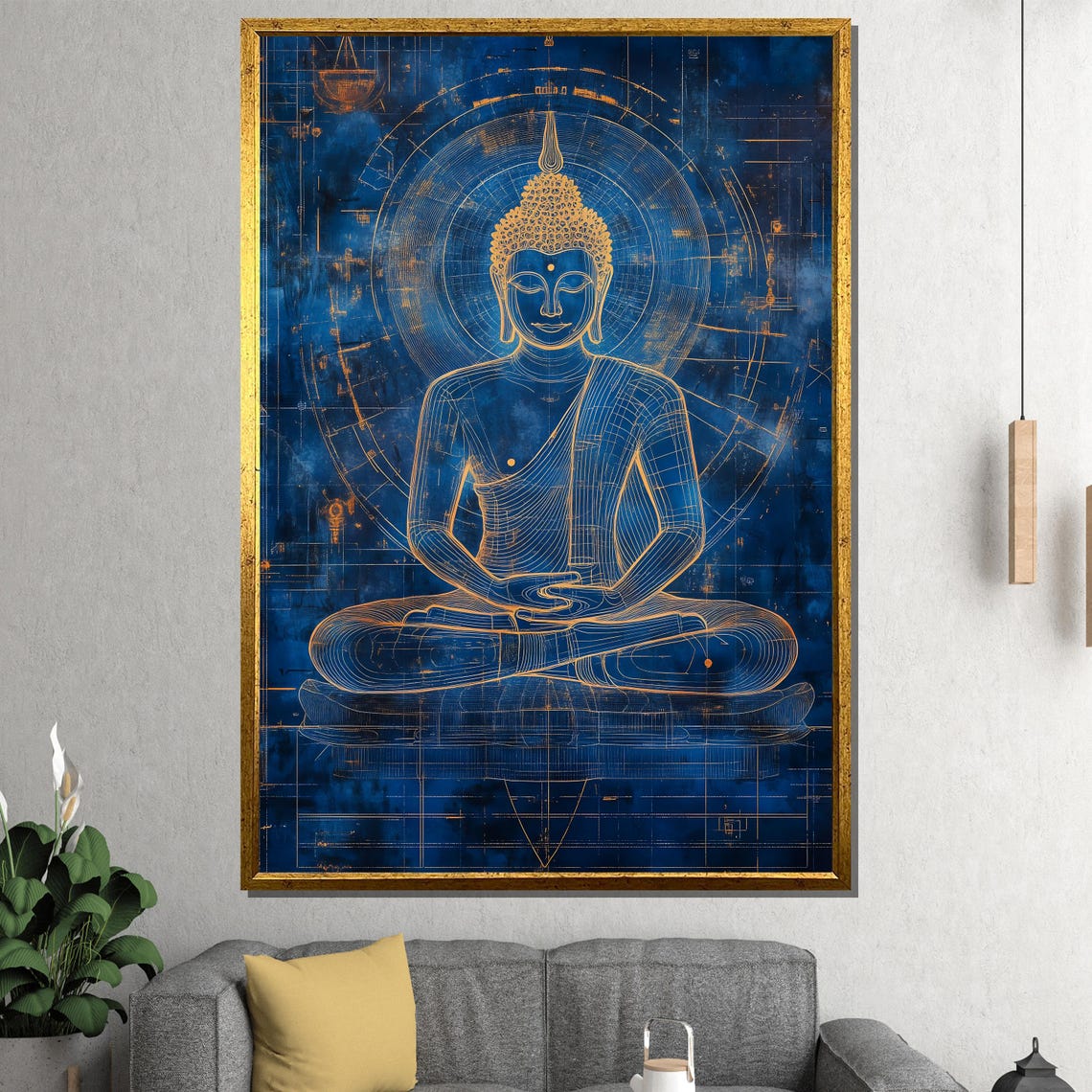 Blue and Gold Geometric Buddha Line Art Technical Drawing Poster