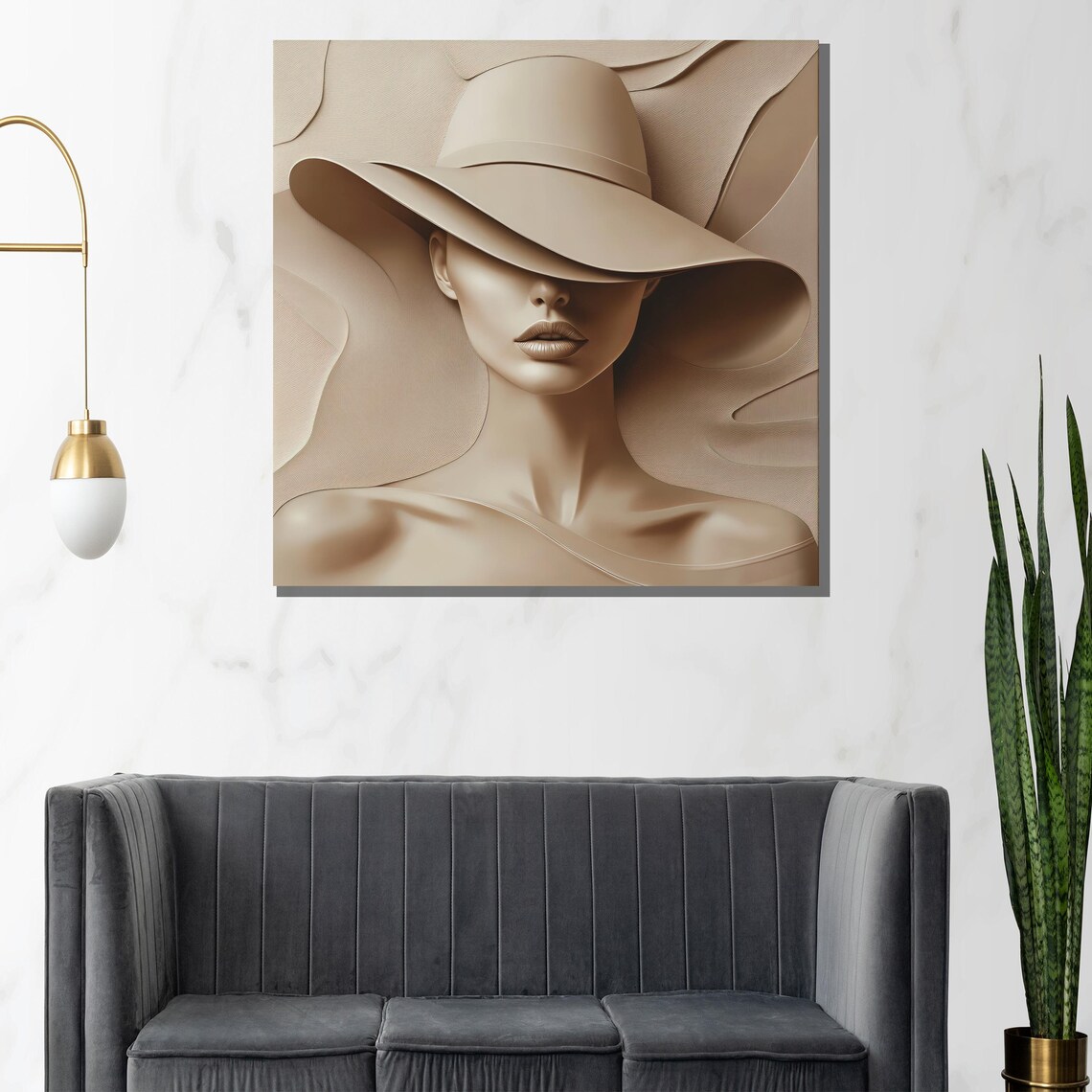 Neutral Beige Sculpted Woman Portrait With Wide Brim Hat Poster - Image 2