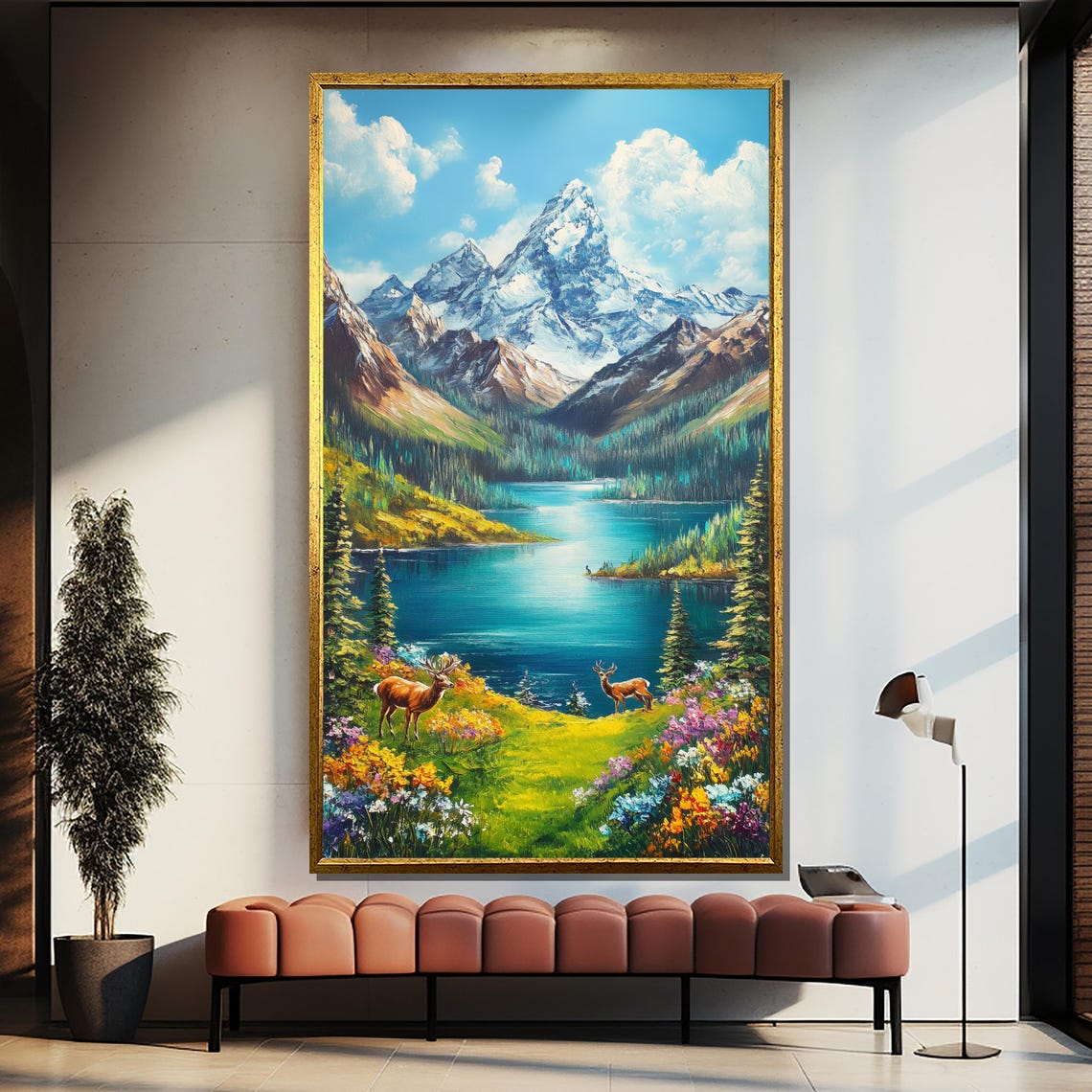 Snowcapped Mountain Lake Deer and Wildflower Meadow Scenic Poster