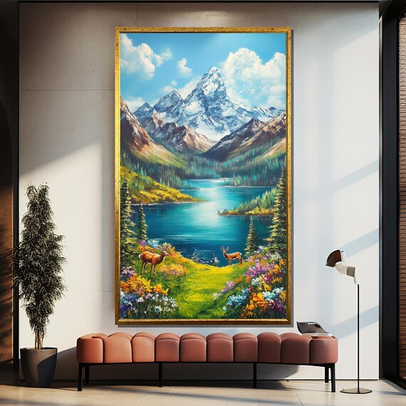 Snowcapped Mountain Lake Deer and Wildflower Meadow Scenic Poster