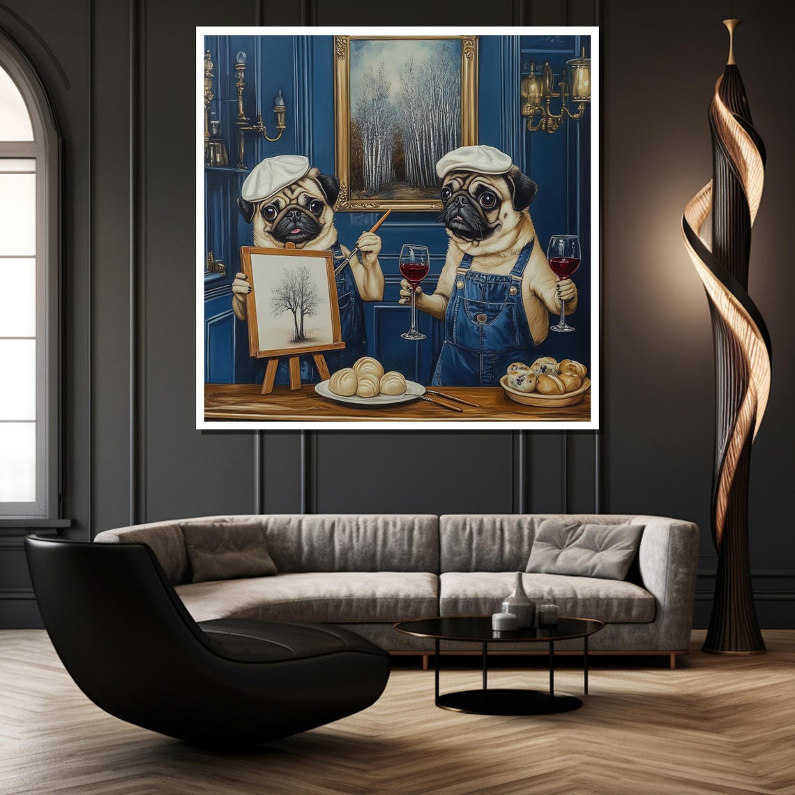 Pug Artists Painting Wine And Cheese French Studio Funny Poster - Image 2