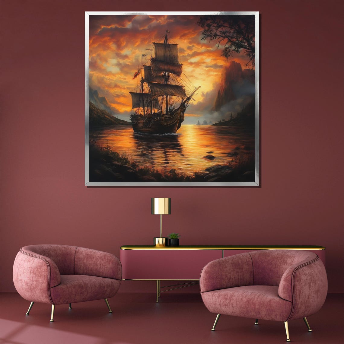 Tall Sailing Ship At Fiery Sunset Rocky Cliffs Nautical Art Poster - Image 3