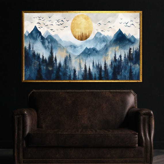 Golden Sun And Misty Mountains Forest Painting Stunning Wall Art Gift For White Room And Nature Home Decor