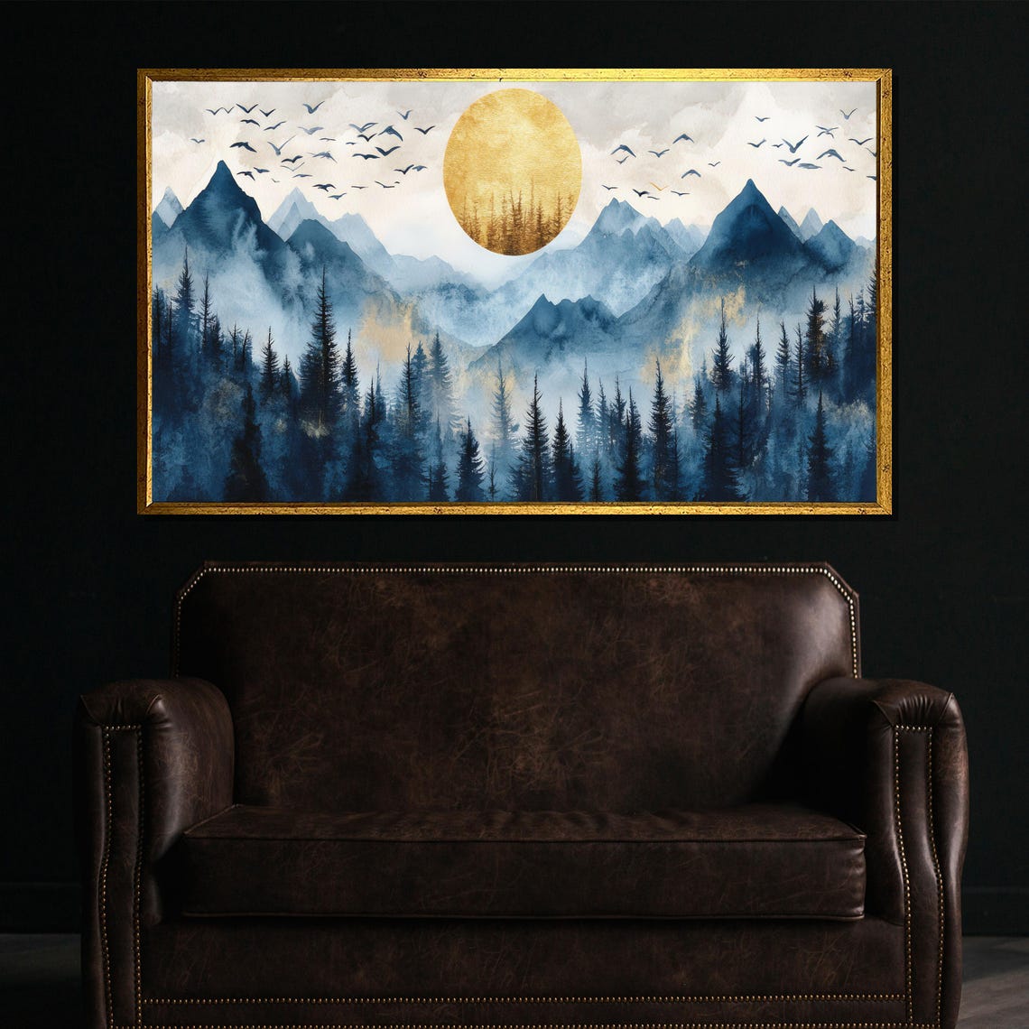 Golden Sun Over Misty Blue Mountain Forest Watercolor Art Poster