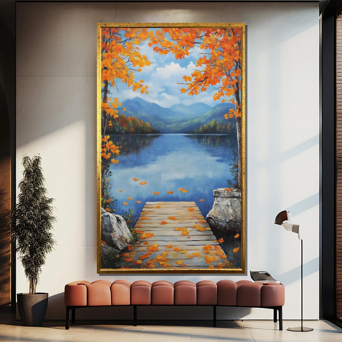 Autumn Lake With Wooden Dock Falling Maple Leaves Nature Poster