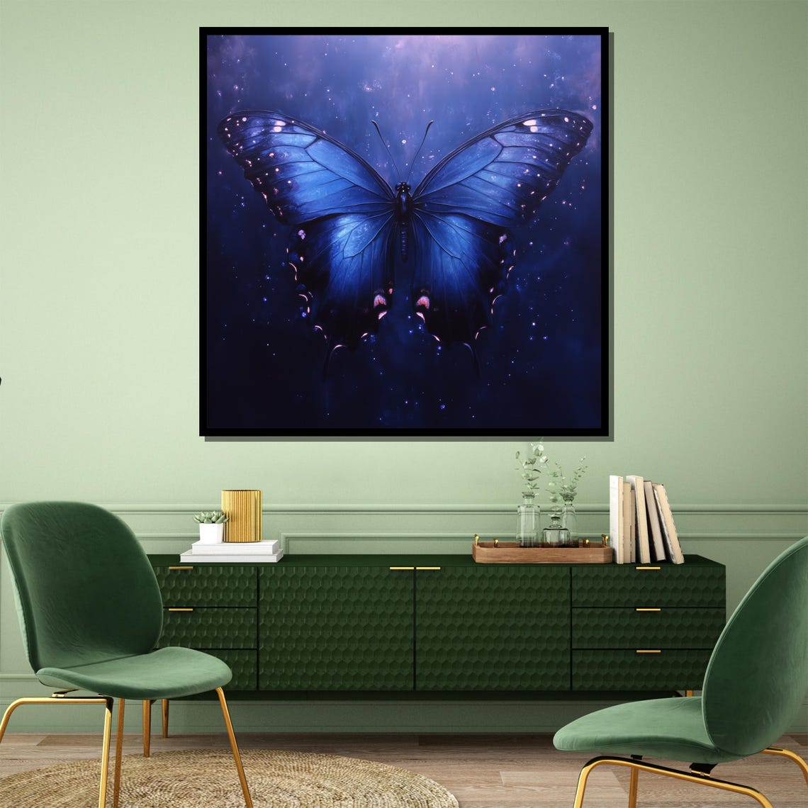 Electric Blue Butterfly Floating On A Cosmic Night Sky Poster - Image 4