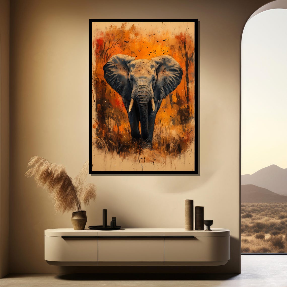 African Elephant Striding Forward Through Orange Savanna Poster - Image 4
