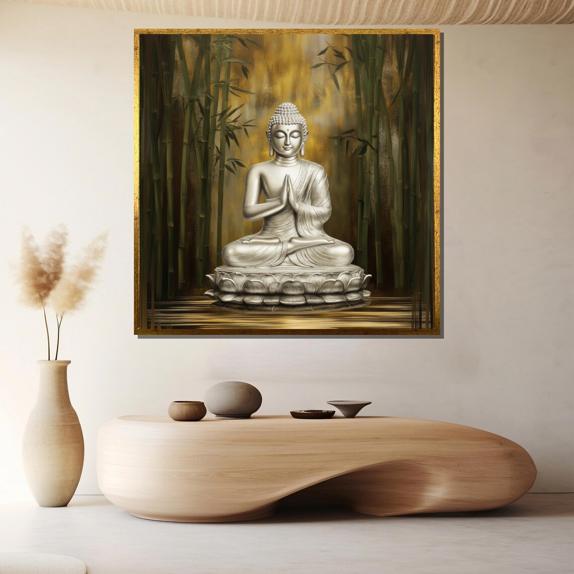 Silver Buddha Statue on a Lotus Among Golden Bamboo Forest Poster