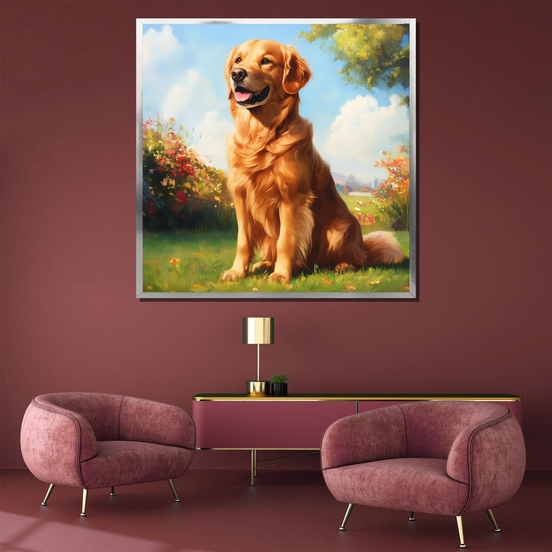Golden Retriever Sitting In A Sunny Blooming Flower Garden Poster - Image 3