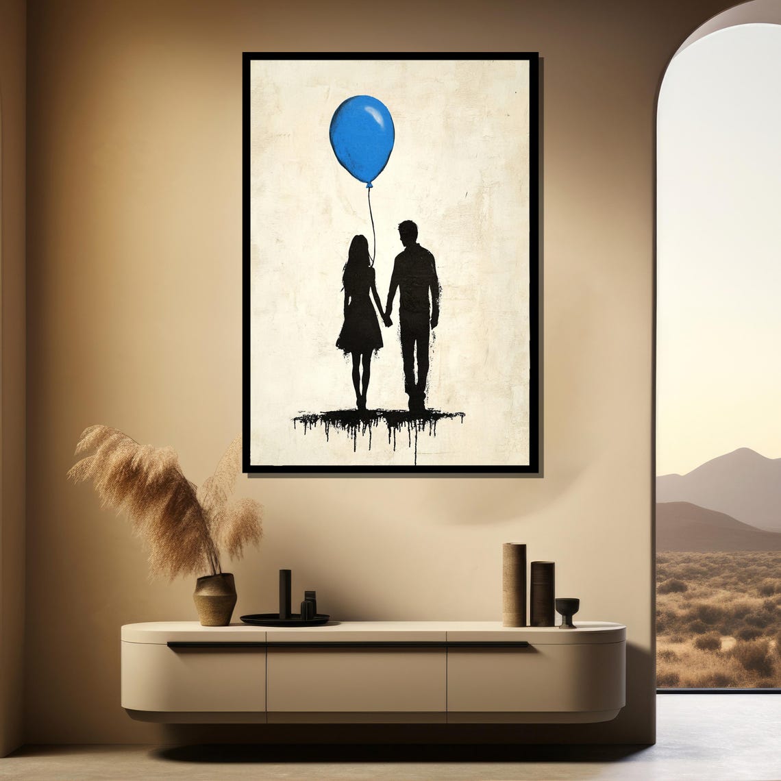 Couple Silhouettes Holding Hands Under a Blue Balloon Poster - Image 4