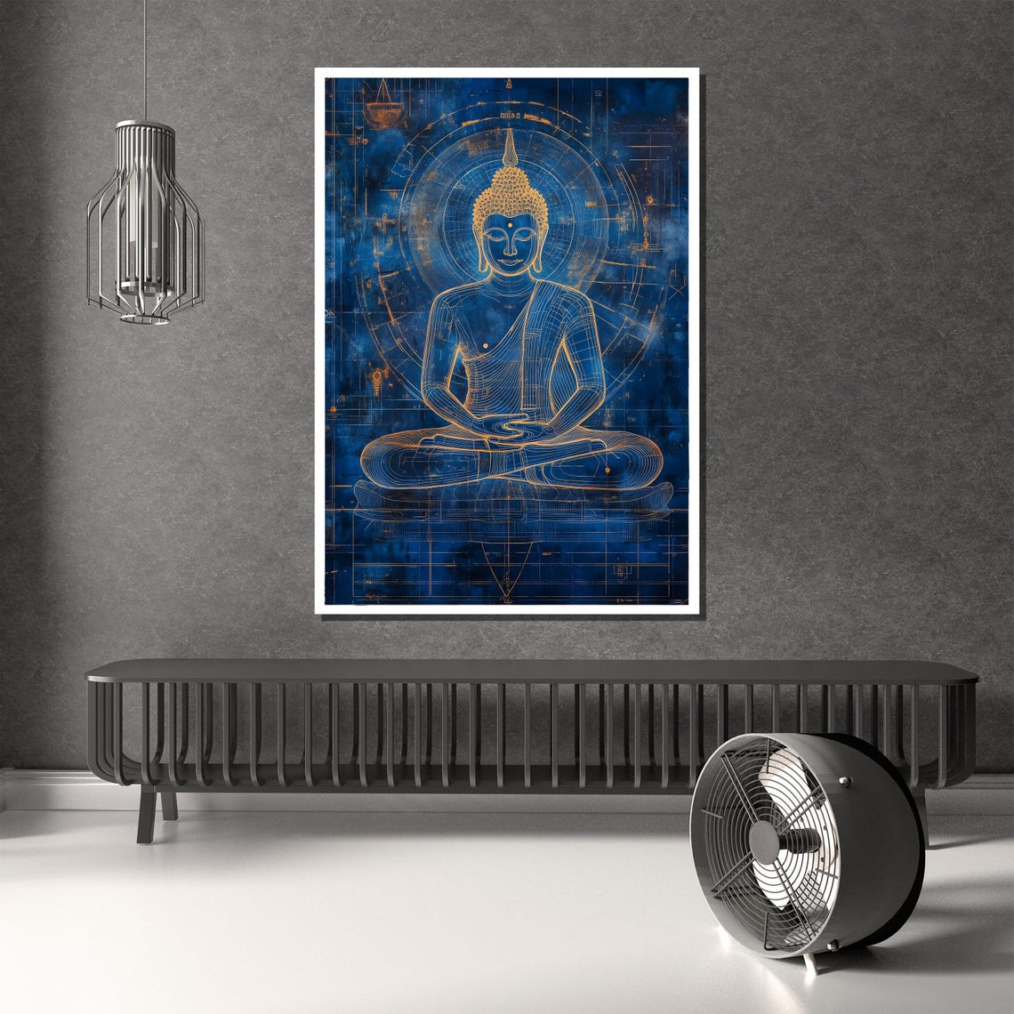 Blue and Gold Geometric Buddha Line Art Technical Drawing Poster - Image 2