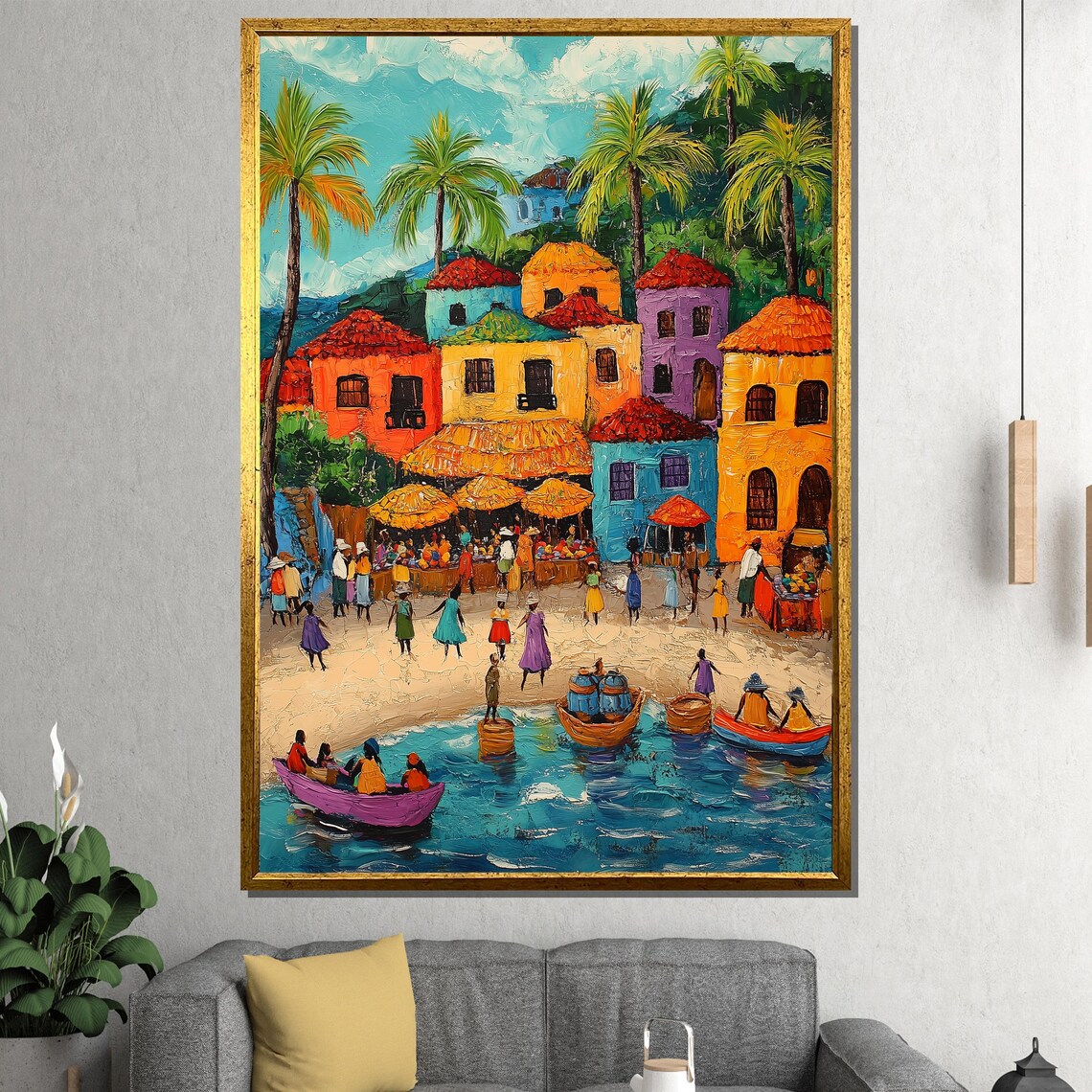 Colorful Caribbean Coastal Village Boats Beach Market Poster