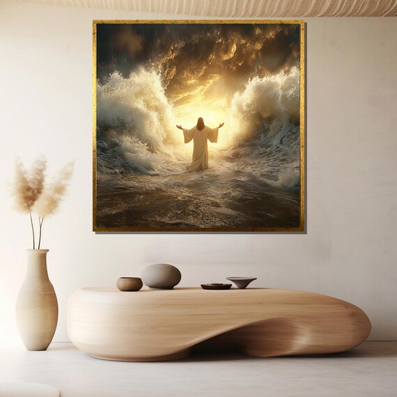 Jesus Parting the Sea Divine Light Miracle Ocean Waves Poster