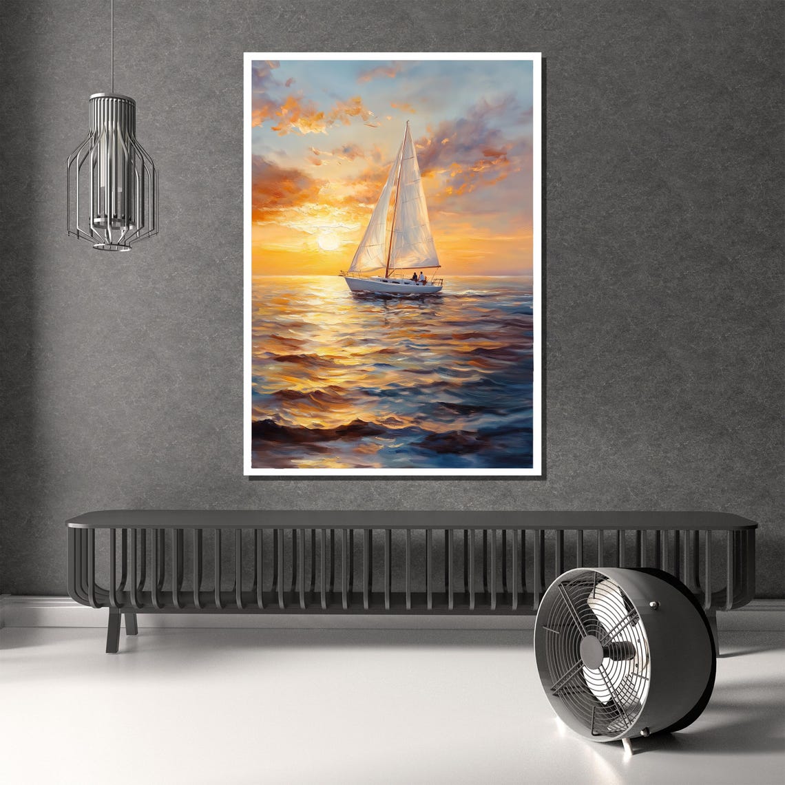 Sailboat at Golden Sunset on Ocean Waves Seascape Painting Poster - Image 3