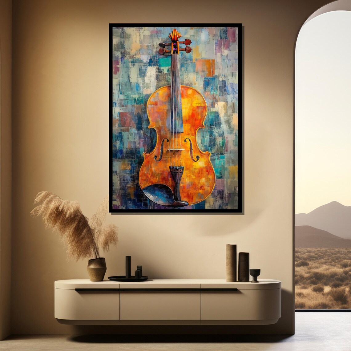 Radiant Amber Violin on a Bold Colorful Mosaic Background Poster - Image 4