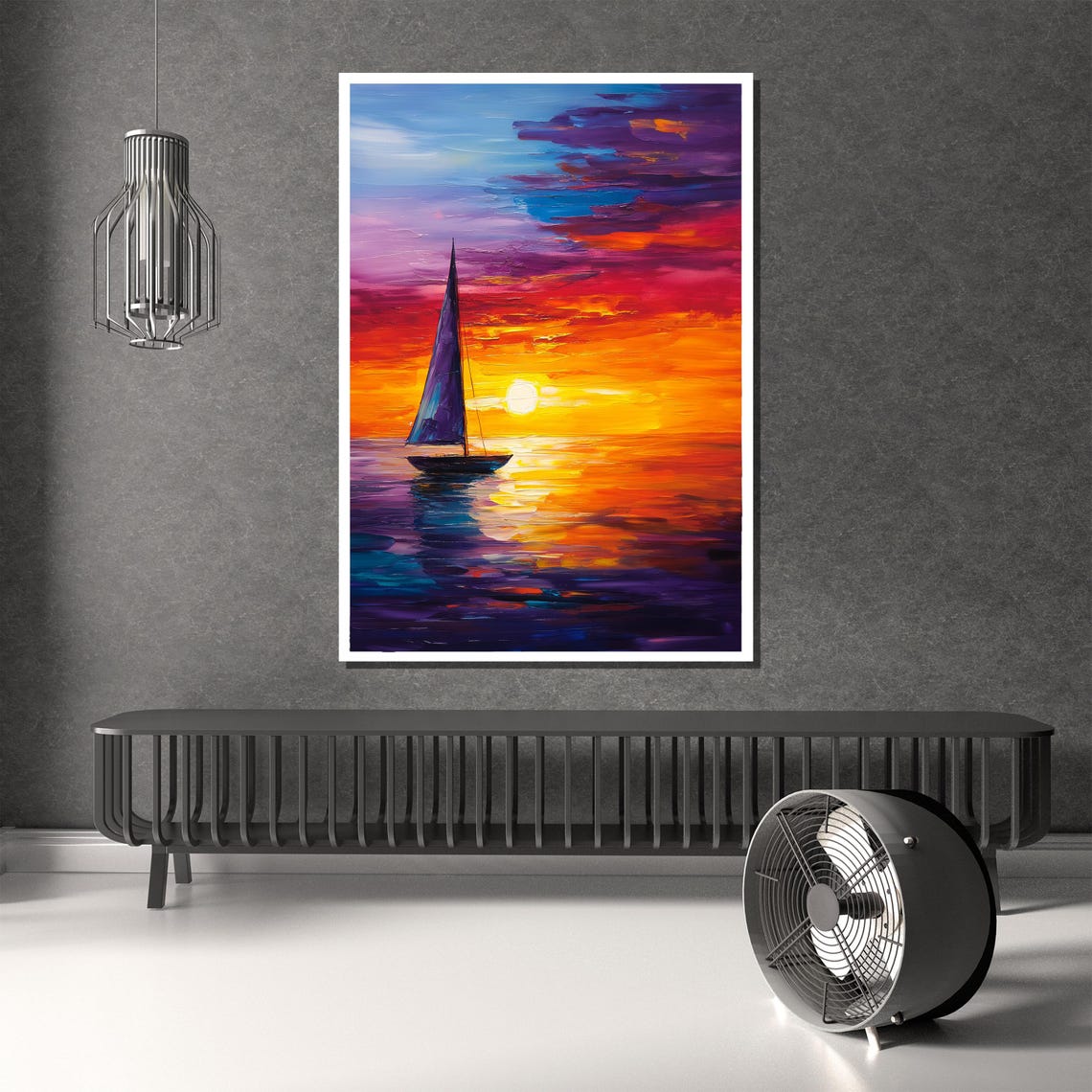 Vibrant Sailboat At Fiery Sunset Impasto Seascape Art Poster - Image 2