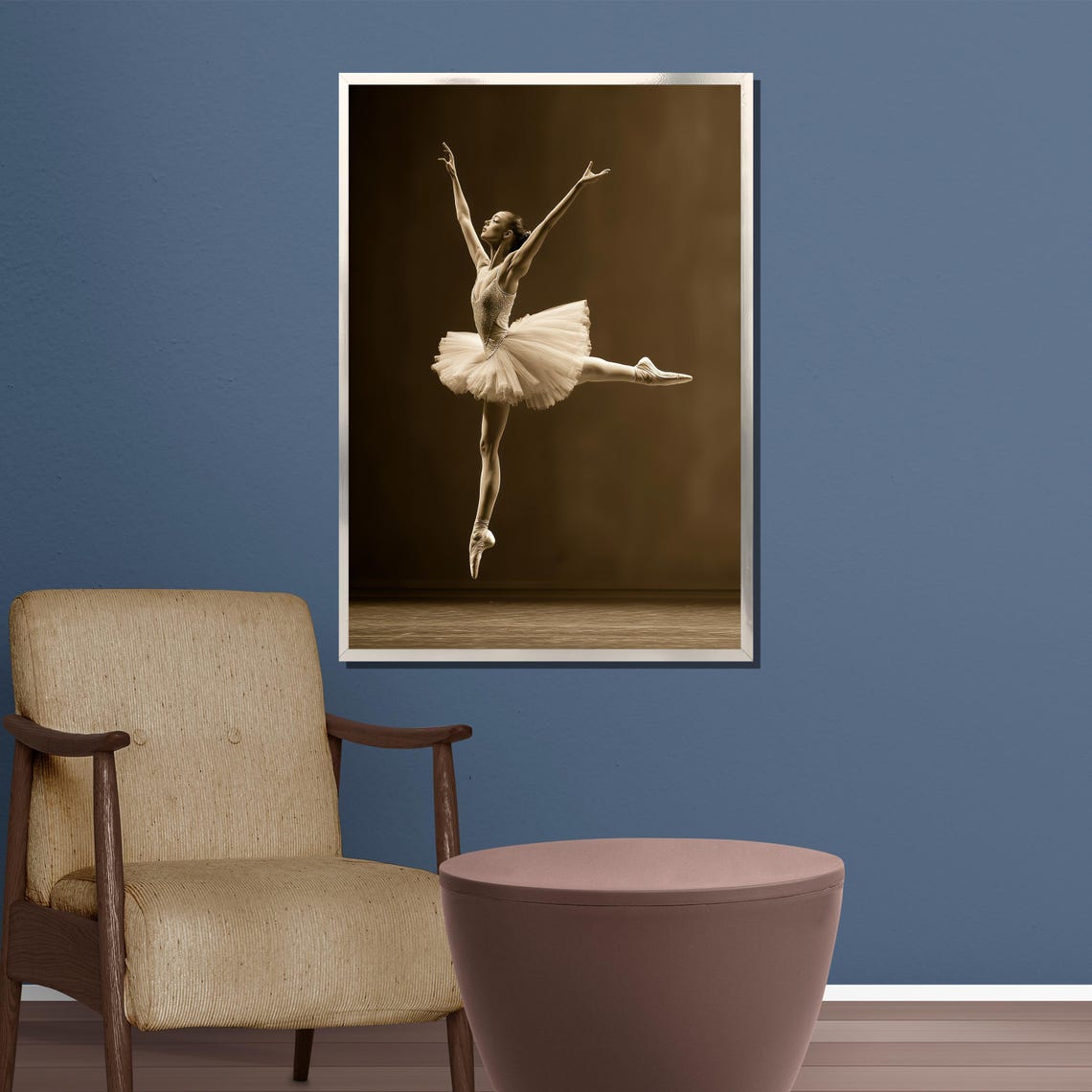 Sepia Ballerina Captured Mid Leap in a Classic Ivory Tutu Poster - Image 3