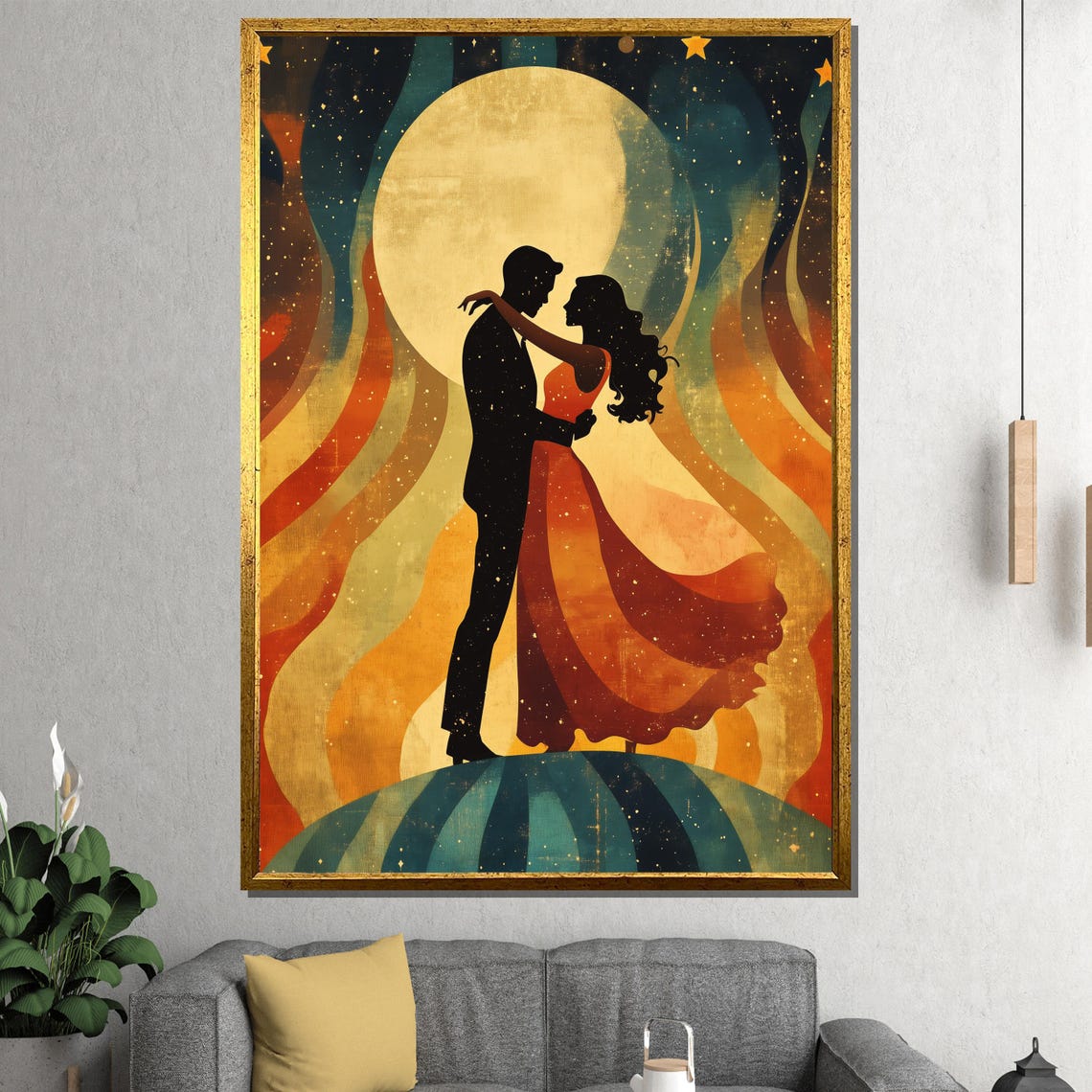 Romantic Couple Silhouette Embracing Beneath a Celestial Moon Poster