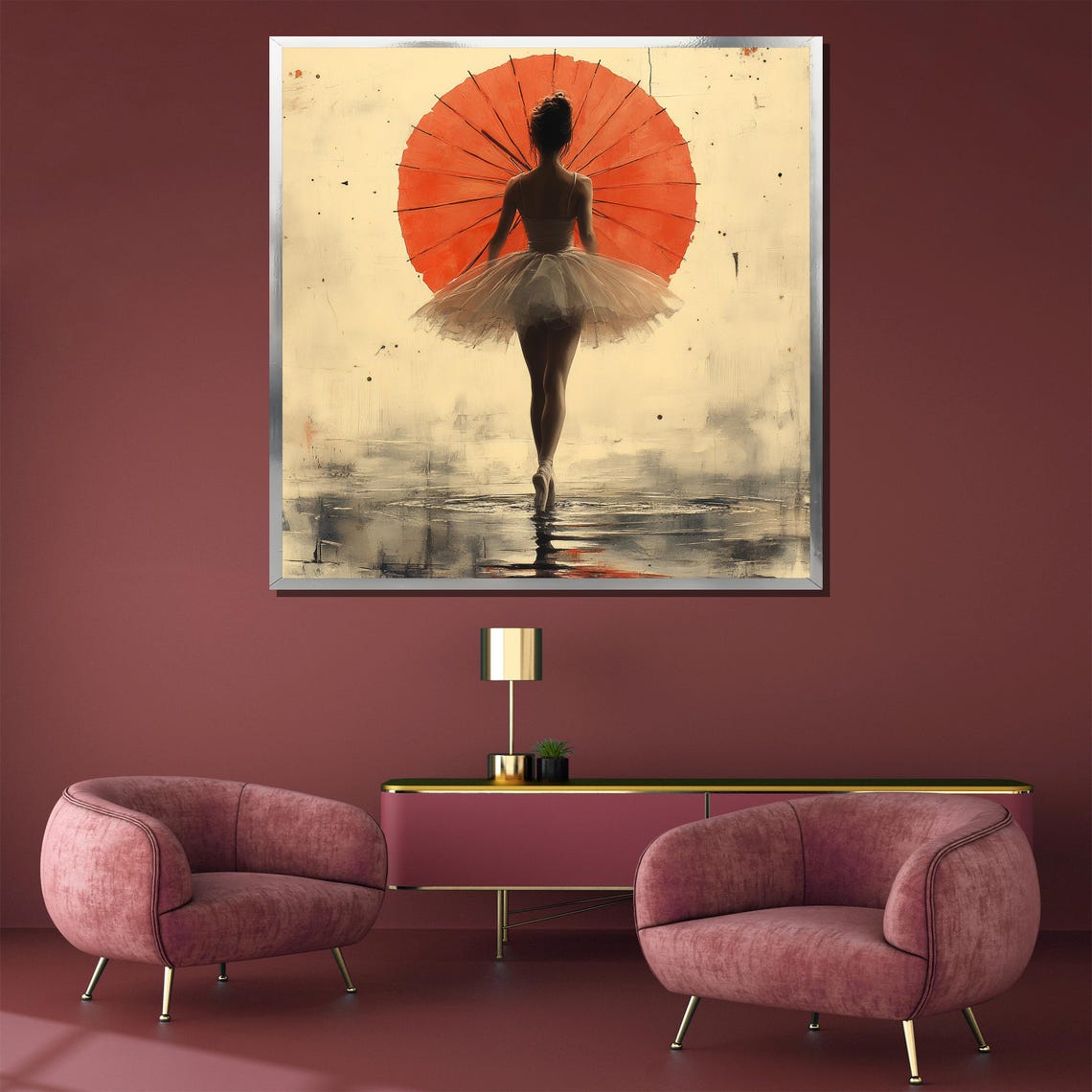 Ballerina With a Red Parasol Walking Through the Mist Poster - Image 3
