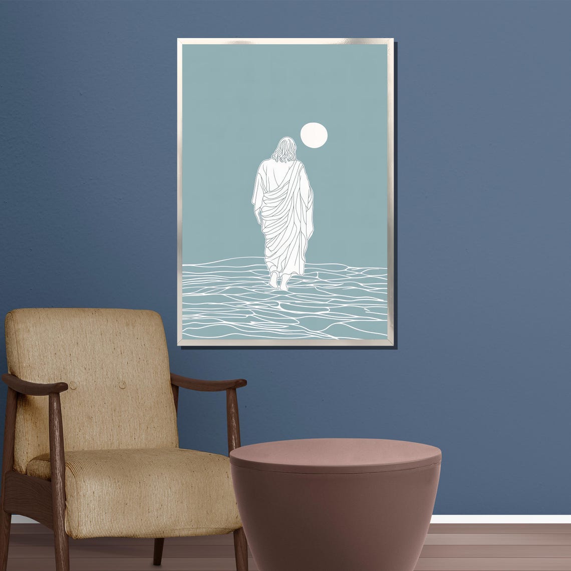 Minimalist Line Art Jesus Walking on Water Sage Green Poster - Image 5