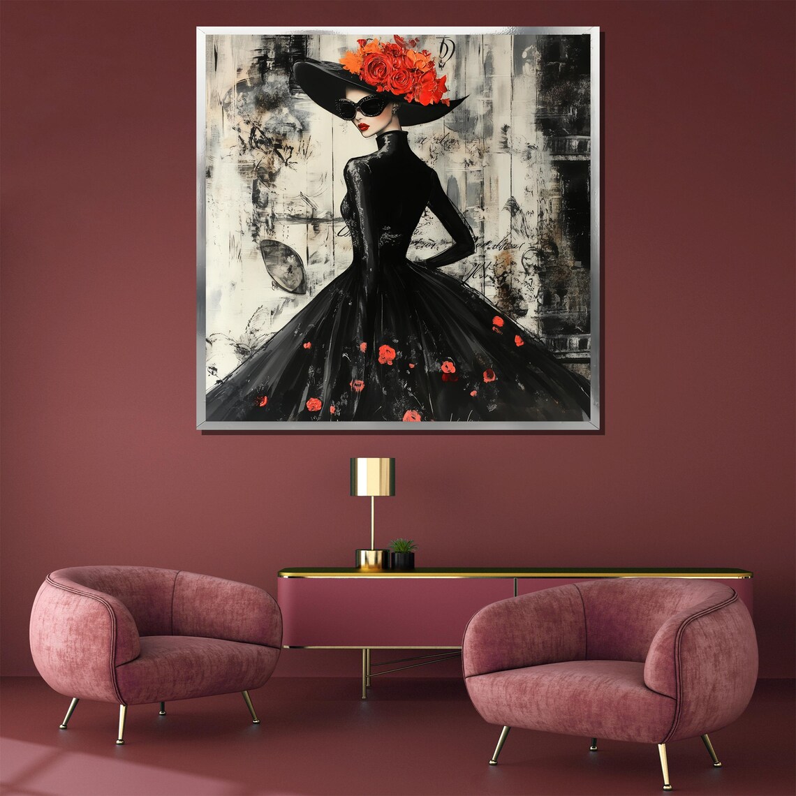 Glamorous Lady In Black Dress With Red Roses And Wide Hat Poster - Image 4