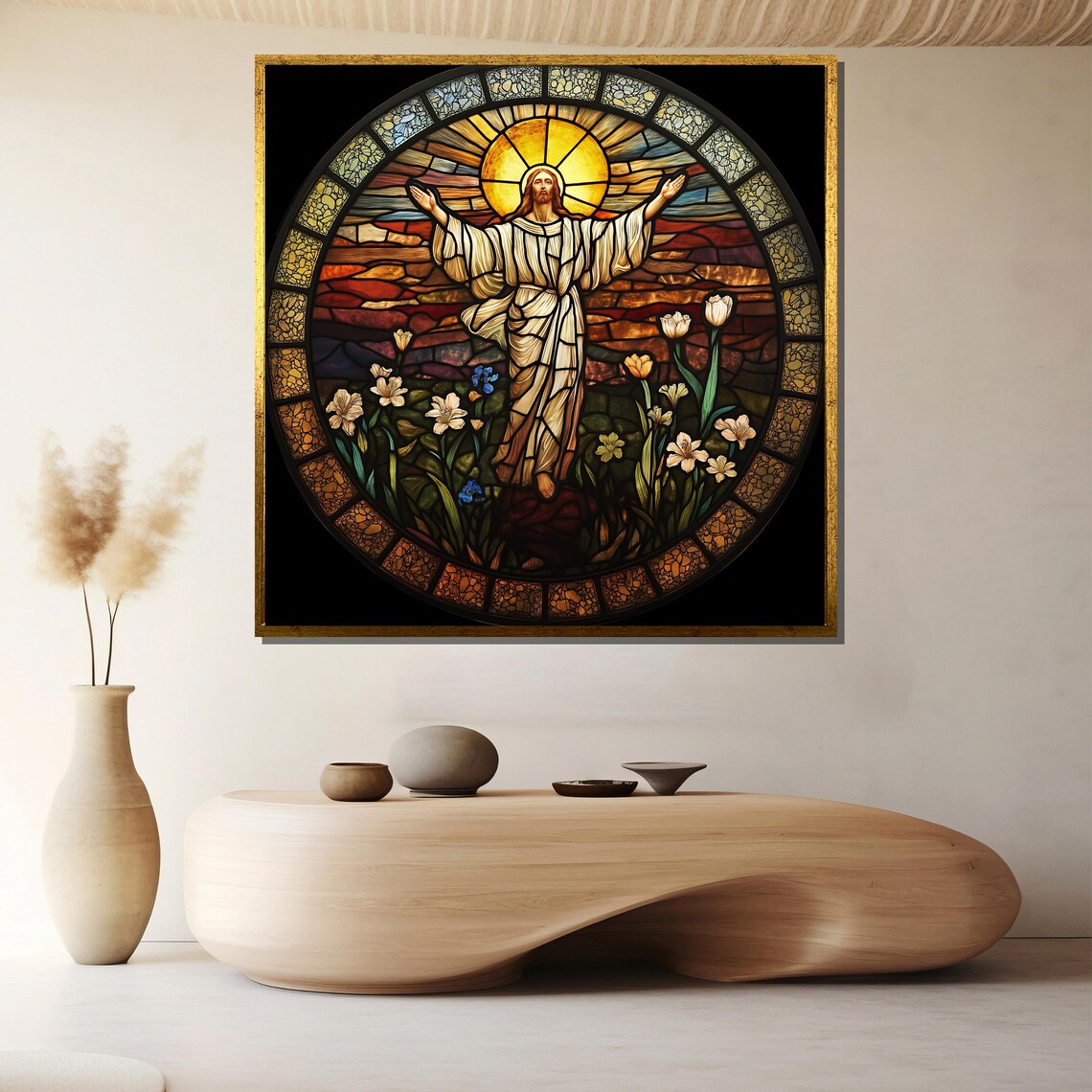 Jesus Resurrection Stained Glass Circle Garden Flowers Art Poster