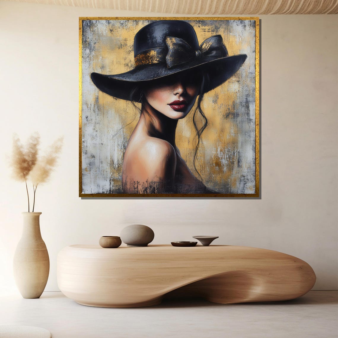 Elegant Woman In Black Bow Hat On Golden Abstract Art Poster
