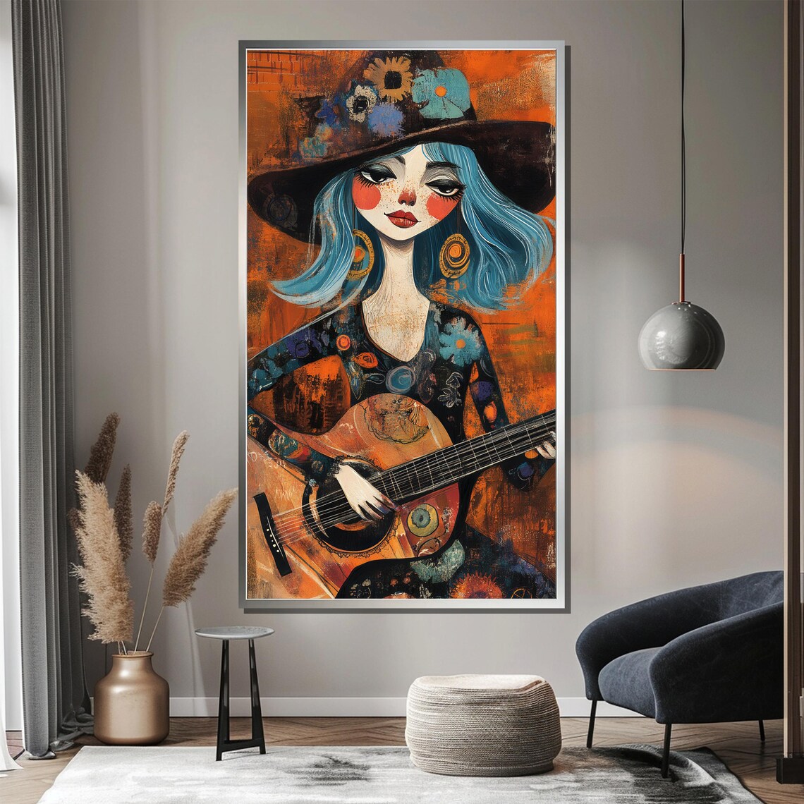 Bohemian Blue Haired Guitarist Girl in Vibrant Portrait Poster - Image 3
