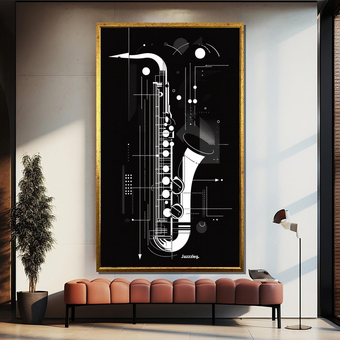 Modern Black and White Abstract Saxophone Jazz Line Art Poster