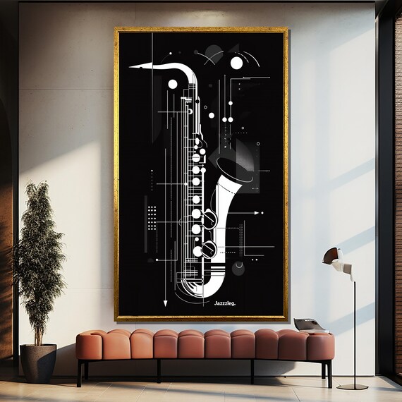 Modern Black and White Abstract Saxophone Jazz Line Art Poster
